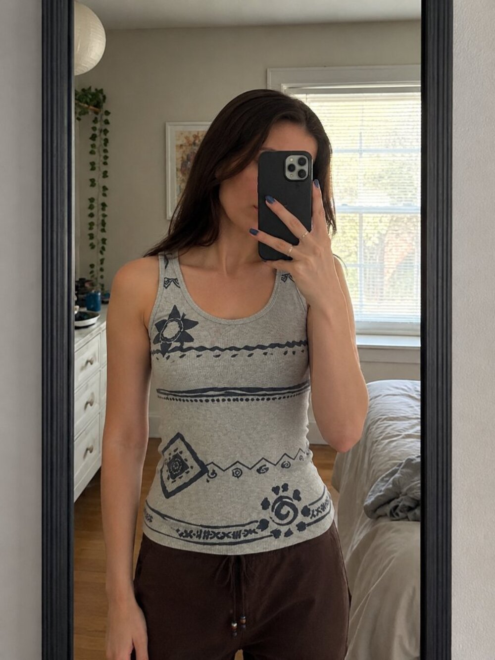 Vintage 90s Judy Logan Ribbed Tank Top // Grey Sun Tribal Aztec Print
